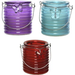 Citronella windlicht met kaars - 3x - paars/blauw en rood - 20 branduren - citrusgeur - geurkaarsen