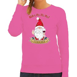 Bellatio Decorations foute kersttrui/sweater dames - Wijn kabouter/gnoom - roze - Doordrinken L - kerst truien