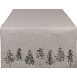 Clayre & Eef Tafelloper  50x140 cm Beige Groen Katoen Rechthoek Dennenbomen