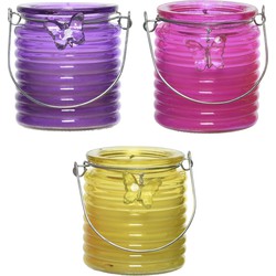 Citronella windlicht met kaars - 3x - paars/roze en geel - 20 branduren - citrusgeur - geurkaarsen