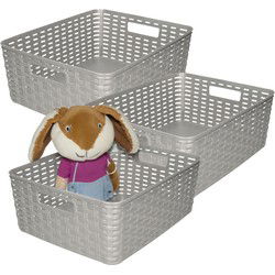 Plasticforte Opbergmand - 3x - Kastmand - rotan kunststof - zilver - 12 Liter - 30 x 37 x 13 cm - Opbergmanden