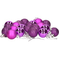 24x stuks kerstballen paars mix van mat/glans/glitter kunststof 3 cm - Kerstbal