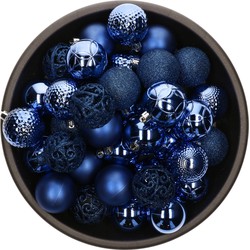 37x stuks kunststof kerstballen kobalt blauw 6 cm inclusief zilveren kerstboomhaakjes - Kerstbal