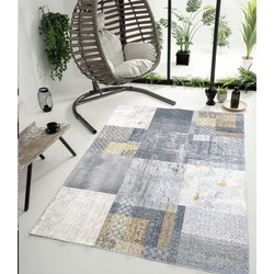 Ninova Vintage Patchwork Grijs / Geel vloerkleed - Wasbaar