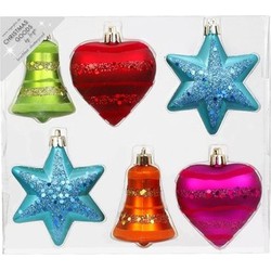 6x Kunststof/plastic ornamenten mix gekleurd 9 cm kerstversiering - Kersthangers