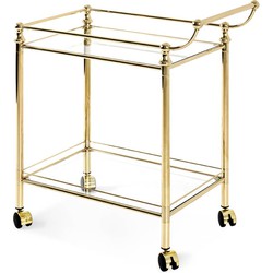 HakuShop Keukentrolley - Serveerwagen Goud messing - 2 Glazen bladen - 4 Soepele Wieltjes - 74 x 22 x 43 cm