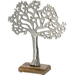 Decoratie levensboom van aluminium op houten voet 25 cm zilver - Beeldjes