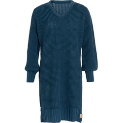 Knit Factory Robin Dames Jurk - Gebreide Trui Jurk - V-hals - Petrol - 36/38 - Knielengte