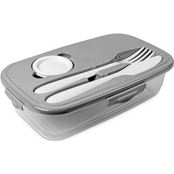 1x Voedsel plastic bewaarbakje 1 liter transparant/grijs met bestek en dressingbakje - Lunchboxen