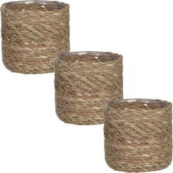 Mica Decorations Plantenpot - 3x - rotan - bruin - mand - 12 x 12 cm - Plantenpotten