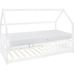 Kinderbed huisbed 90x200 cm wit gemaakt van dennenhout incl. matras H-16cm uitvalbeschermend dak en lattenbodem ML-Design