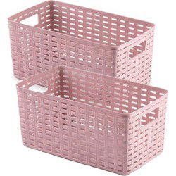 4x stuks rotan gevlochten opbergmand/opbergbox kunststof - Oud roze - 15 x 28 x 13 cm - Opbergbox