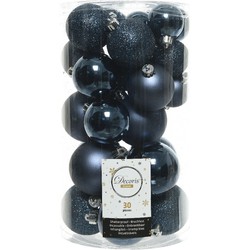 30x Kunststof kerstballen glanzend/mat/glitter donkerblauw - Kerstbal