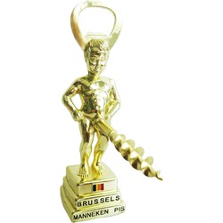 Manneke Pis flesopener/kurkentrekker - wijnflessen openener - goud - 13 cm - metaal - Kelnersmessen