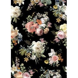 ESTAhome fotobehang vintage bloemen multicolor op zwart - 200 x 279 cm - 159218