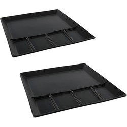 4x stuks mat zwart fondue/gourmet bord 5-vaks vierkant aardewerk 24 cm - Gourmetborden