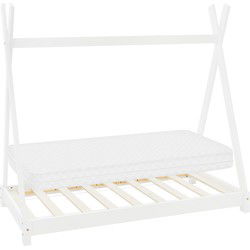 Kinderbed Tipi 70x140 cm wit gemaakt van dennenhout incl. matras H-10cm houten bed met lattenbodem ML-Design