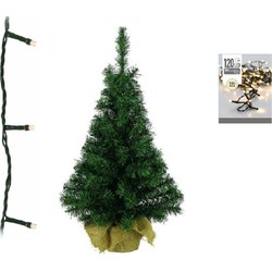 Groene kunst kerstboom 90 cm inclusief warm witte kerstverlichting - Kunstkerstboom