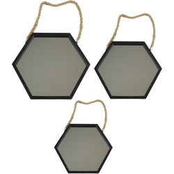 Orange85 Spiegel - Hexagon - Set 3 Delen - Zwart glas - Touw