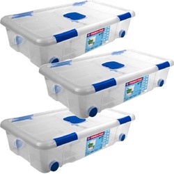 3x Opbergboxen/opbergdozen met deksel en wieltjes 30 liter kunststof transparant/blauw - Opbergbox