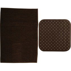 MSV Douche anti-slip mat en droogloop mat - Sevilla badkamer set - rubber/microvezel - bruin - Badmatjes