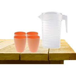 Set van 1x waterkan 1 liter met 4x drinkbekers kunststof oranje - Schenkkannen