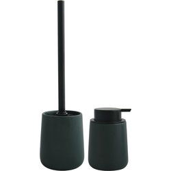 MSV Toiletborstel in houder/zeeppompje - badkamer set Malmo - keramiek - donkergroen - Badkameraccessoireset