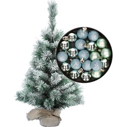 Besneeuwde mini kerstboom/kunst kerstboom 35 cm met kerstballen mintgroen - Kunstkerstboom