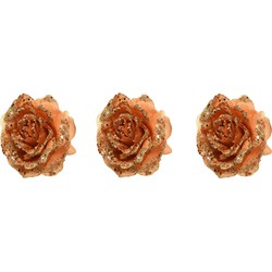 3x stuks decoratie bloemen roos terra bruin glitter op clip 14 cm - Kunstbloemen