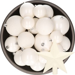 Kerstversiering kunststof kerstballen met piek winter wit 6-8-10 cm pakket van 27x stuks - Kerstbal