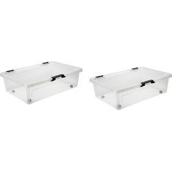 Opbergboxen met deksel 24 liter kunststof transparant 60 x 40 x 16 cm  set van 2 stuks