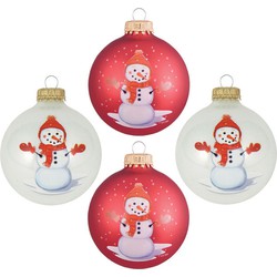 Krebs kerstballen - 4st - glas - wit en rood - sneeuwpop - 7 cm - Kerstbal