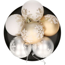Kerstballen gedecoreerd - 6x st - 6 cm - kunststof - goud/wit/zilver - Kerstbal