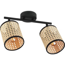 Landelijke LED Opbouwspot Rotan - naturel/zwart - 30/10/22cm - Dimbaar - plafonniere gemaakt van rotan en metaal - inclusief LED lichtbron - E14 fitting - 4W - 400lm - 2700K - warm wit licht