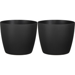2x stuks plantenpot/bloempot kunststof zwart ribbels patroon - D20/H17 cm - Plantenpotten