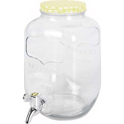 Glazen drankdispenser/limonadetap met geel/wit geblokte dop 4 liter - Drankdispensers