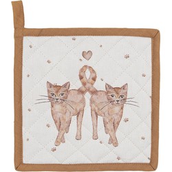 Clayre & Eef Kind Pannenlap  16x16 cm Beige Bruin Katoen Vierkant Katten Afgiet Pannenlap