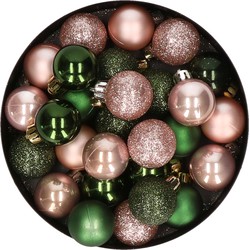28x stuks kunststof kerstballen donkergroen en lichtroze mix 3 cm - Kerstbal