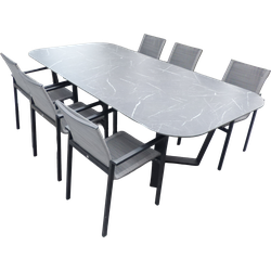 Set van Teeburu tafel 240x120x76 cm oval slate en 6 Ishi stoelen zwart/grijs