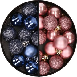 34x stuks kunststof kerstballen donkerblauw en oudroze 3 cm - Kerstbal