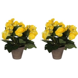 2x stuks gele Begonia kunstplant 25 cm in grijze pot - Kunstplanten