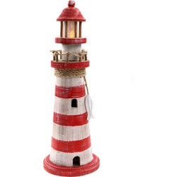 Vuurtoren beeldje met LED licht - Hout - 12 x 35 cm - wit/rood - Maritieme decoraties binnen - Beeldjes