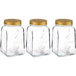 Voorraadpot/bewaarpot Square - 3x - glas - 1L - transparant/goud - D10 x H17 cm - voedsel - Voorraadpot