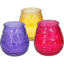 Arti Casa 6x stuks citronella Lowboy tafelkaarsen - 10 cm - geel-rood-paars glas - geurkaarsen