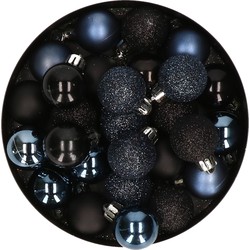 28x stuks kunststof kerstballen donkerblauw en zwart mix 3 cm - Kerstbal