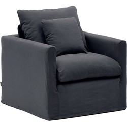 Kave Home - Fauteuil Nora met kussen met afneembare hoes van grijsantraciet linnen en katoen 92 cm