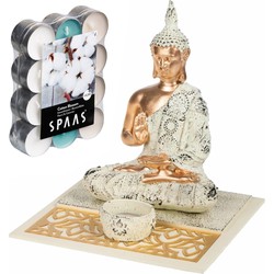 Boeddha beeld - binnen - 19 cm / 24x geurkaarsen/theelichtjes Cotton Blossom - Beeldjes