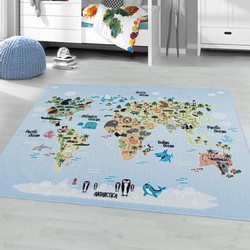 Tapijtenloods Play Vloerkleed Kinderkamer Wereldmap Laagpolig Blauw- 100x150 CM