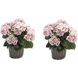 Kunstplant Hortensia bloemen in mand - 2x - H45 cm - Met bloemen - roze - Kunstplanten