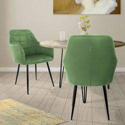 Eetkamerstoel set van 2 vierkant gewatteerd met rugleuning en armleuningen salie Keukenstoel met microvezel fluwelen bekleding ML design
